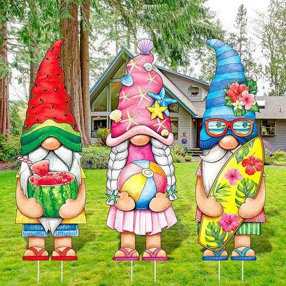 Umigy 3 Pcs Summer Gnome Yard Sign 32 x 10 Inch Outdoor Summer Yard Decor with Stakes Watermelon Beach Ball Surfboard Gnome Lawn Sign Yards Art Stakes for Outdoor Lawn Backyard Porch Garden Decoration