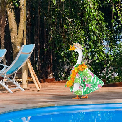 DECOHS 4 Pcs/Set Hawaiian Porch Goose Outfits, Summer Lawn Goose Costume, Yard Goose Clothes Hawaiian Wreath with Straw Hat Glasses for 23" Statue Patio Garden Decoration