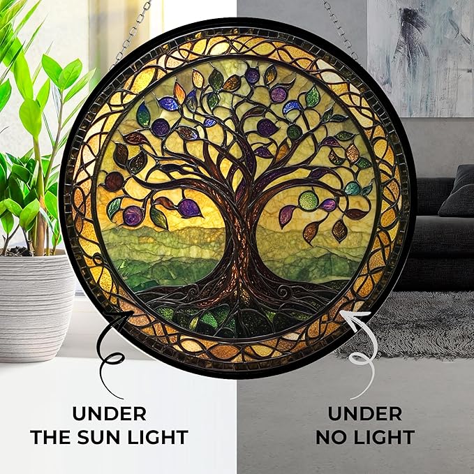 Tree of Life Stained Glass Window Hanging Window Suncatcher 12" Glass Panel with Metal Chain Sun Catchers Wall Art Home Decor Gift for Women Mother's Day (12”x12”)