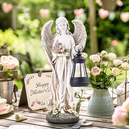 TERESA'S COLLECTIONS Angel Garden Statues with Warm Solar Light for Outdoor Decor, Resin Figurines Holding Solar Lantern for Outside, Lawn Ornament for Yard Patio Hallway, Gifts for Mom Women, 10"
