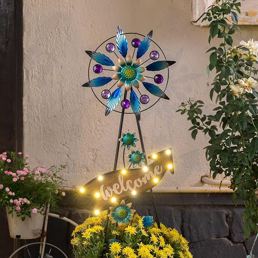 TERESA'S COLLECTIONS Peacock Garden Solar Stake, Wind Spinner Yard Art Sign for Outdoor Decor, Metal Purple Floral Windmill Decorative Garden Stake for Lawn Ornaments, Gifts for Mom, 37''