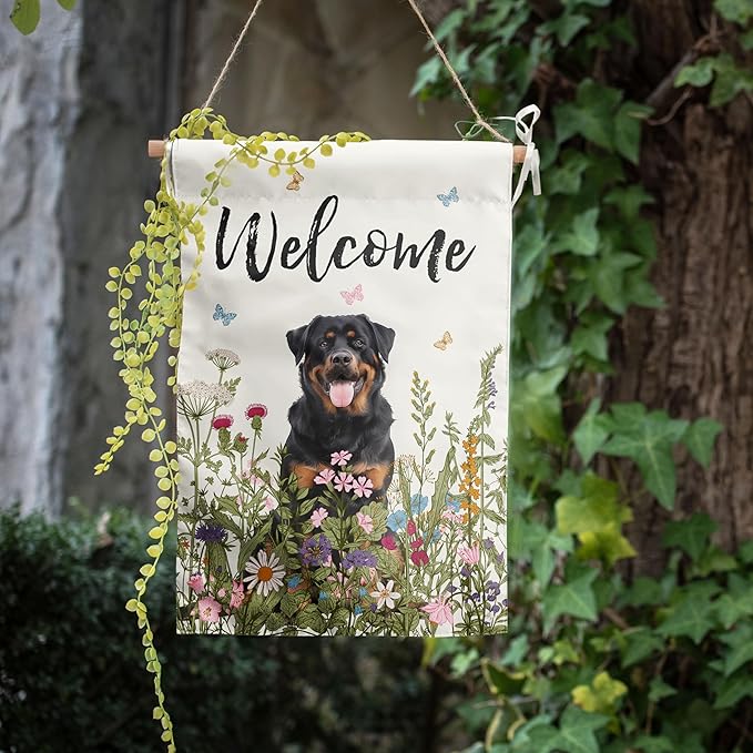 Floral Rottweiler Garden Flag Spring Summer House Flags 28 x 40 Double Sided Flower Dog Yard Flags for Outside Large Outdoor Welcome Flags