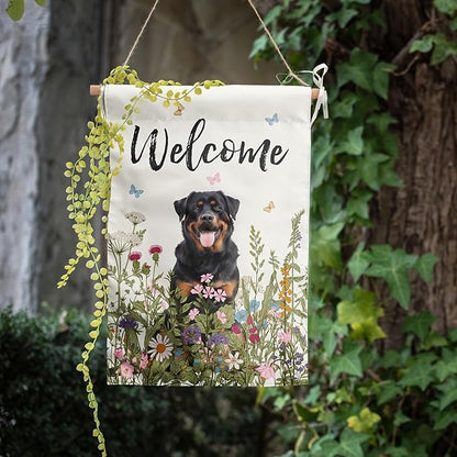 Floral Rottweiler Garden Flag Spring Summer House Flags 28 x 40 Double Sided Flower Dog Yard Flags for Outside Large Outdoor Welcome Flags