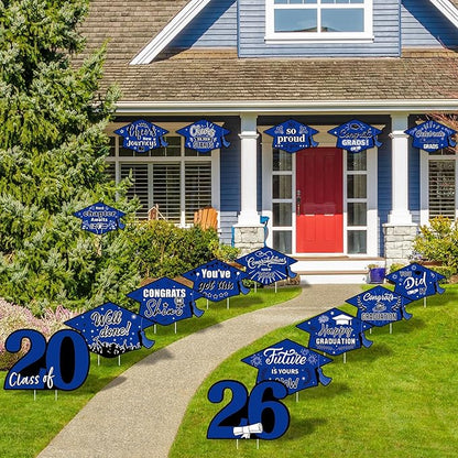 16 Pieces 2026 Graduation Yard Signs Plastic Congrats Grad Decor with 32 Stake and Ribbon Graduate Cap Hanging Yard Sign for Party Outdoor Lawn Pathway Walkway Decorations(Blue and Black)