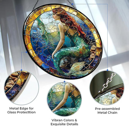 Mermaid Suncatcher Stained Glass Window Hanging Stained Glass Suncatchers Metal Chain Outdoor Garden Decor Gift for Women Christmas Thanksgiving (12”x12”)