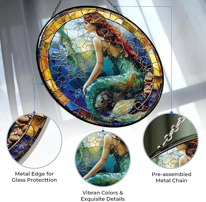 Mermaid Stained Glass Sun Catcher, Wall Hanging Colored Decor Room Indoor Window Decor, Halloween, Christmas Hanging Ornament Mother Day