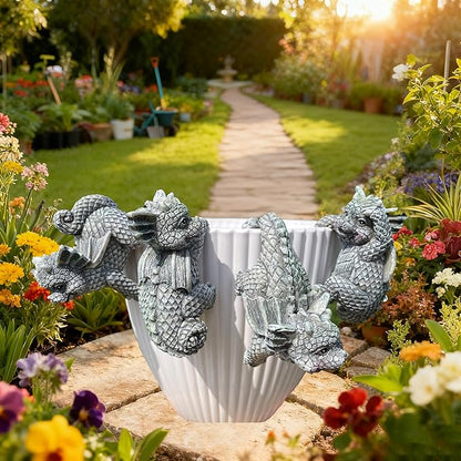 4-Piece Dragon Statue Set for Outdoor Decor Hanging & Climbing Dragon Figurines, Resin Pot Hugger Sculpture for Planters & Vases, Lawn Patio Yard Ornaments and Dragon Decorations