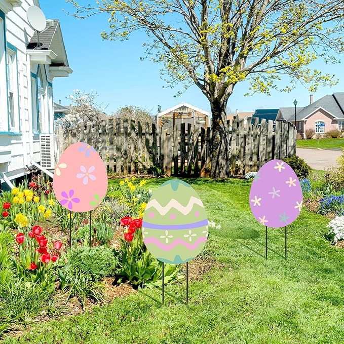 MorningRo 3 Pcs Large Easter Egg Yard Signs Metal Egg Garden Stakes Easter Lawn Decorations Outdoor Colorful Decorative Yard Decoration with Stake for Holiday Decor