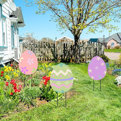 MorningRo 3 Pcs Large Easter Egg Yard Signs Metal Egg Garden Stakes Easter Lawn Decorations Outdoor Colorful Decorative Yard Decoration with Stake for Holiday Decor