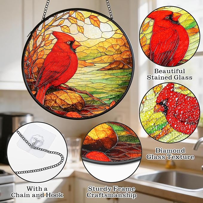 Cardinal Suncatcher for Windows Hanging - 6.3" Stained Glass Memorial Day Decorations - Round Red Bird Decor, Sympathy Gifts for Loss of Loved One, Remembrance Keepsake for Home & Garden
