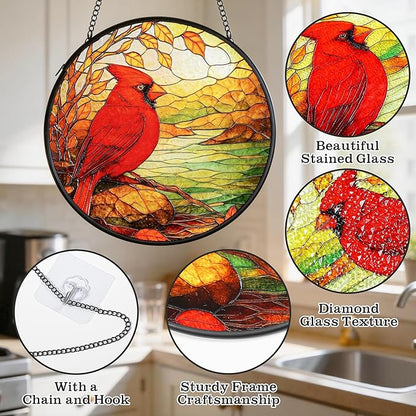 Cardinal Suncatcher for Windows Hanging - 6.3" Stained Glass Memorial Day Decorations - Round Red Bird Decor, Sympathy Gifts for Loss of Loved One, Remembrance Keepsake for Home & Garden