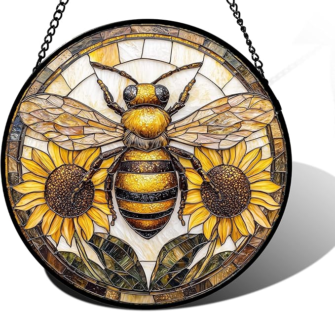 DASTOLL Stained Glass Window Hanging - Bee Sunflower Yellow Suncatcher Ready to Hang Window Doors Home Decoration and Christmas, Mother's Day Birthday Gifts for Women, Men, and Mom 9.8x9.8 in