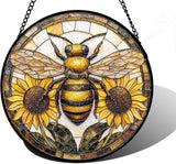 DASTOLL Stained Glass Window Hanging - Bee Sunflower Yellow Suncatcher Ready to Hang Window Doors Home Decoration and Christmas, Mother's Day Birthday Gifts for Women, Men, and Mom 9.8x9.8 in