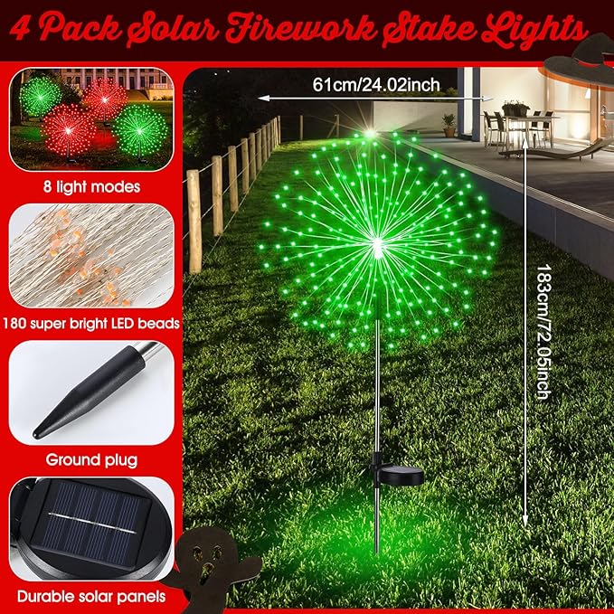 Tujoe 6 Pcs Christmas in July Solar Firework Stake Lights 180 LED 8 Modes Solar Waterproof LED Sparkler Lights Outdoor Decoration for Garden Patio Yard Pathway Walkway Lawn (Red, Green)
