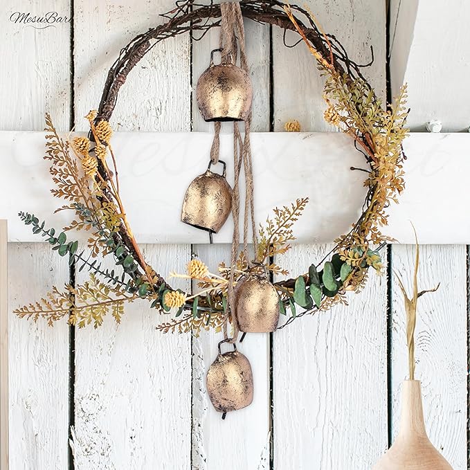 Decorative Cow Bell, 25" Hanging Bells Chime, Rustic Antique Brass Finish Metal Bells with Jute Rope, Tibetan Inspired Farmhouse Vintage Cascading Bell's for Indoor, Outdoor Patio, Garden & Wall Decor