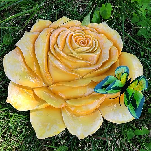 Garden Stepping Stones Outdoor Walkway – Resin Rose Flower Pavers for Path, Lawn & Backyard – Round Decorative Yard Art Decor, Friendship giveaways – Set of 2, Yellow