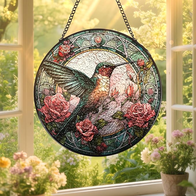 Stained Glass Window Hanging - Hummingbird Sun Catcher Indoor Decor Home Doors Wall Art Ornament Outdoor Garden Decoration Gifts for Women Birthday Party Thanksgiving Christmas Housewarming