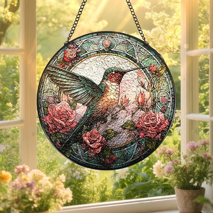 Stained Glass Window Hanging - Hummingbird Sun Catcher Indoor Decor Home Doors Wall Art Ornament Outdoor Garden Decoration Gifts for Women Birthday Party Thanksgiving Christmas Housewarming