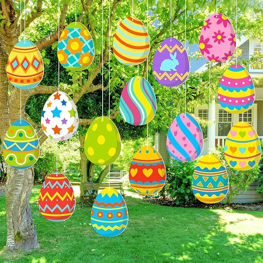 Ferraycle 16 Pcs Easter Decorations Outdoor Easter Eggs Hanging Yard Signs 7.9 Inch Large Colorful Egg Shaped Double Sided Plastic Slices Ornaments for Tree Porch Yard Outside Party Decor(Floral Egg)