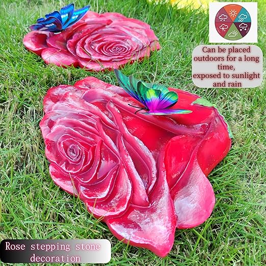 Simulated rose home decor gift - outdoor garden landscape flower stepping stone - rose for mothers, sisters, besties, grandmothers, and maternal grandmothers as a festive gift - 2-piece set, red