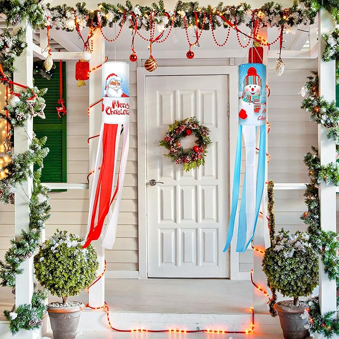 4 Pcs Thanksgiving Fall Windsocks Turkey Pumpkin Maple Leaf Autumn Christmas Santa Snowman Windsocks Flag Outdoor Hanging Windsocks for Wall Tree Front Patio Lawn Home Garden Yard