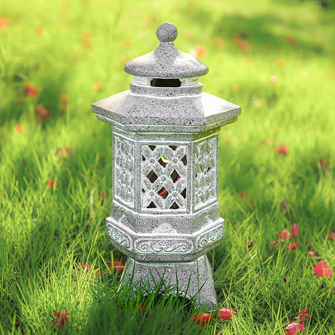 TERESA'S COLLECTIONS Pagoda Garden Statues with Solar Outdoor Light, Resin Zen Garden Lantern Asian Decor Outdoor Statues Lawn Ornaments Patio Porch Yard Decor Gifts for Dad 10.4"