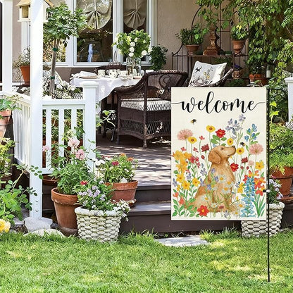 Baccessor Spring Summer Dog Garden Flag 12.5x18 Inch Double Sided Burlap,Floral Flowers Flag Farmhouse Holiday Front Yard Lawn Outdoor Outside Decoration