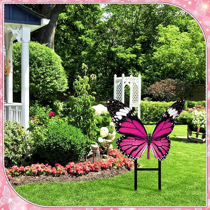 1 Pcs Spring Metal Butterfly Garden Stakes Decor 16.5 Inch Decorative Pink Purple Butterfly Yard Stake Outdoor Insect Decor Metal Garden Art Ornaments for Patio Porch Lawn Backyard