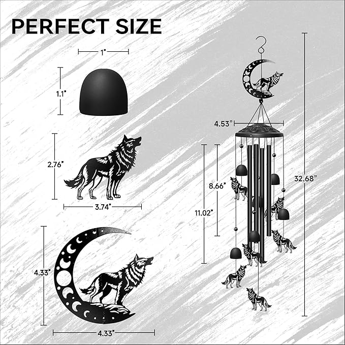 Wolf Wind Chimes for Outside, 32" Decorative Wind Chimes Wolf Gifts for Women, Memorial Windchimes Outdoors with S Hook for Patio Garden Decor, Birthday Gifts for Mom Grandma (Black)