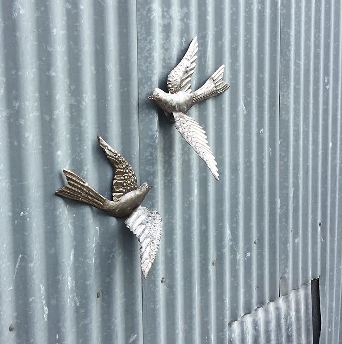 Set of 2 Garden Birds, Spring Home Accent Decor, 3D Wings, Metal Wall Hanging, Indoor Outdoor Display, Handmade 11 x 13 Inches