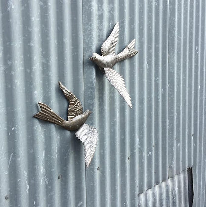 Set of 2 Garden Birds, Spring Home Accent Decor, 3D Wings, Metal Wall Hanging, Indoor Outdoor Display, Handmade 11 x 13 Inches