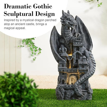 Glitzhome 37" H Mystical Gothic Dragon Perched ATOP The Castle Sculptural, Polyresin Garden Dragon Outoor Statues 4 Tier Waterfalls Floor Fountain with LED Dragon Figurine for Backyard Patio Decor