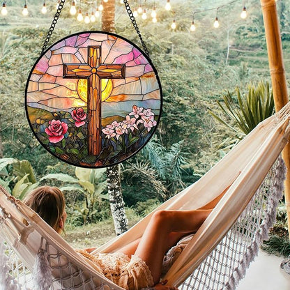 DASTOLL Christian Gifts for Women - Cross Stained Glass Window Hanging Easter Pink Flower Sunset Landscape Sun Catcher Garden Religion Decor Mother's Day Catholic Gift for Men Grandma Nana Her 6.3"