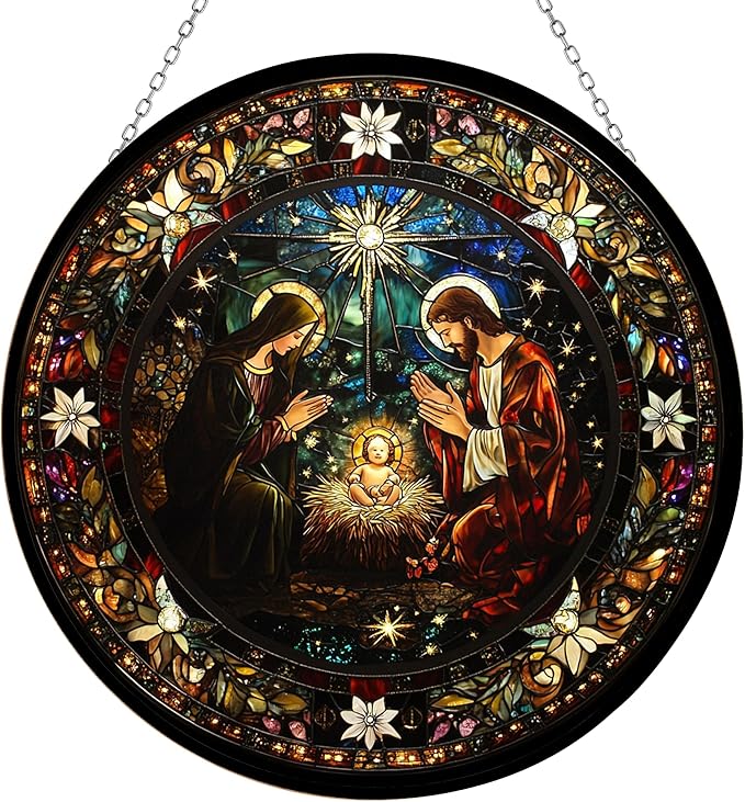 Serene Nativity Mary, Joseph Stained Glass Window Hangings, Handcrafted Stained Glass Suncatchers, Gift for Cat Lovers Nature Lovers