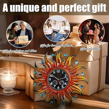 COOZZUHOUR 25 Inch Metal Sun Outdoor Shaped-Clock with Thermometer and Hygrometer Combo, Battery-Powered 10-inch Waterproof Dial and Silent Quartz Movement for Home Decorative Gifts(Orange)