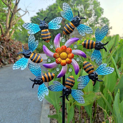 COOZZYHOUR 39" Bee Wind Spinners Metal Garden Stake-Outdoor Yard Windmill-Wind Sculpture Yard Art Decorations for Patio,Lawn & Garden