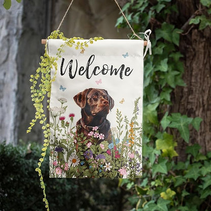 Floral Chocolate Lab Garden Flag Spring Summer House Flags 28 x 40 Double Sided Flower Labrador Dog Yard Flags for Outside Large Outdoor Welcome Flags