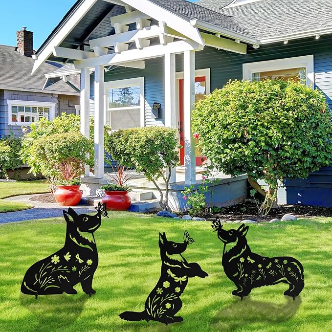 MorningRo 3 Pcs Corgi Metal Dog Garden Decor for Outside 12" Corgi Puppy Garden Stake Black Silhouette Statues Outdoor Decoration Women Men Dog Lovers Spring Patio Lawn Yard Art