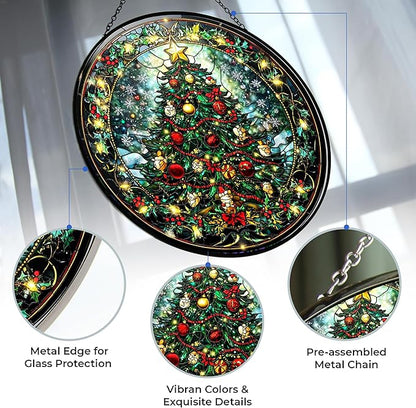 Christmas Tree Stained Glass Suncatcher 4 Season Colorful Window Wall Ornament Hand-Painted Glass Panel Decor Gift for Women Christmas Thanksgiving Gift 6.3"