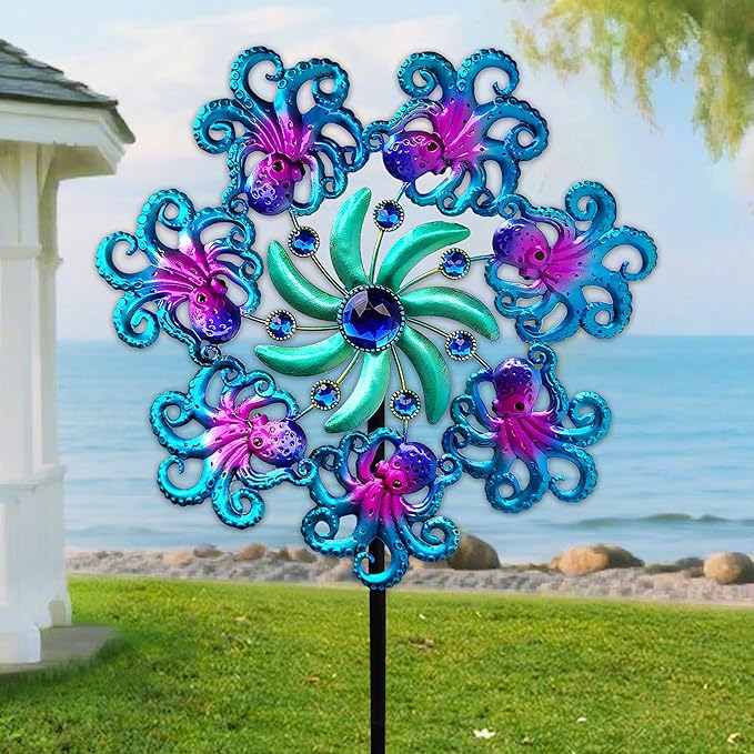 COOZZYHOUR 39" Octopus Wind Spinners for Yard and Garden Stake,Ocean Theme Outdoor Decor - Metal Windmill, Wind Sculpture Decorations for Patio,Lawn