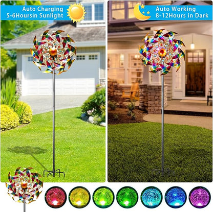 54" H Solar Wind Spinner Outdoor Metal Garden Decor - Kinetic Windmill Yard Art with Color-Changing LED Lights & Sparkling Gemstone - Waterproof Solar Pathway Lights for Lawn, Patio & Garden Gifts