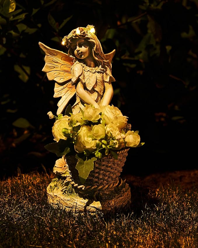 Garden Statue with Planter, Fairy Sculpture Flower Pot with Solar Light for Home Garden Planter Decoration, Yard Decor,Resin H 15 Inch (Fairy with Planter)