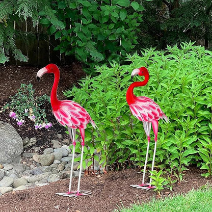 Set of 2 Metal Flamingo Garden Statues, Yard Flamingo Outdoor Decor for Lawn Patio Garden Backyard Display (Pink)