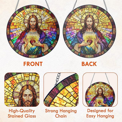 FLAGWIX Christian Gifts for Women Faith - Sacred Heart Stained Glass Window Hanging 8 in - Birthday Catholic Religious Gifts, Suncatchers Windows Hanging, Spiritual Suncatcher Home Garden Decor