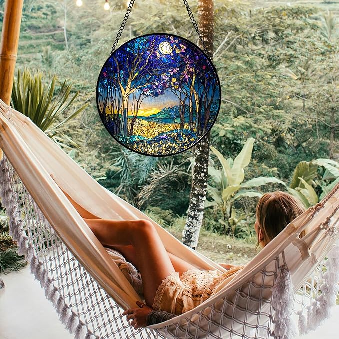 Stained Glass Window Hanging Blue Purple Forest Trees Landscape Moon Large 15" - Suncatcher Door Garden Sun Catcher Home Decor Birthday Christmas for Mom Men Woman Nana