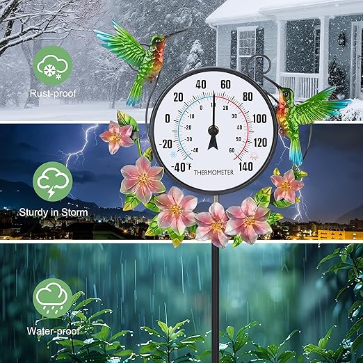 Outdoor Indoor Wall Thermometer with Hummingbird Metal Stake Outside Waterproof Decorative Temperature for Lawn Yard Pathway Patio No Batteries Required