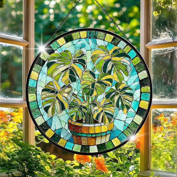 Stained Glass Suncatcher for Window, 7.9" Green Monstera Leaf Sun Catcher Hanging, Colorful Glass Panel Decor for Birthday, Christmas, Housewarming Gifts for Women & Men
