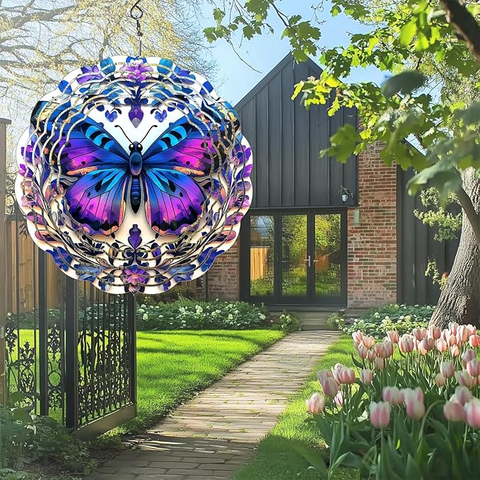 Butterfly Wind Spinners Outdoor, Hanging Wind Spinner for Garden Decoration, 8 inch 3D Stainless Steel Metal Wind Sculpture for Indoor/Outdoor Decor