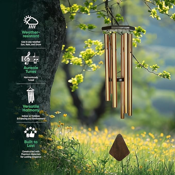 Nature’s Melody Premiere Grande Tunes Wind Chimes – Outdoor Windchime with 6 Tubes Tuned to E Pentatonic Scale, Rustproof Aluminum, Beech Wood & S Hook Hanger (Bronze, 24")