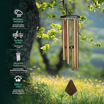 Nature’s Melody Premiere Grande Tunes Wind Chimes – Outdoor Windchime with 6 Tubes Tuned to E Pentatonic Scale, Rustproof Aluminum, Beech Wood & S Hook Hanger (Bronze, 24")